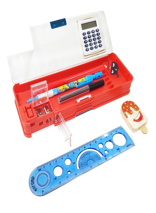 Sidak Stationery Pencil Box Combo of 5 Items - 1 Pencil Box with Calculator,1 Cartoon Pen, 1 Lead Pencil with Extra Refill, 1 Eraser and 1 Scale for Kids. (Red) - Image 3